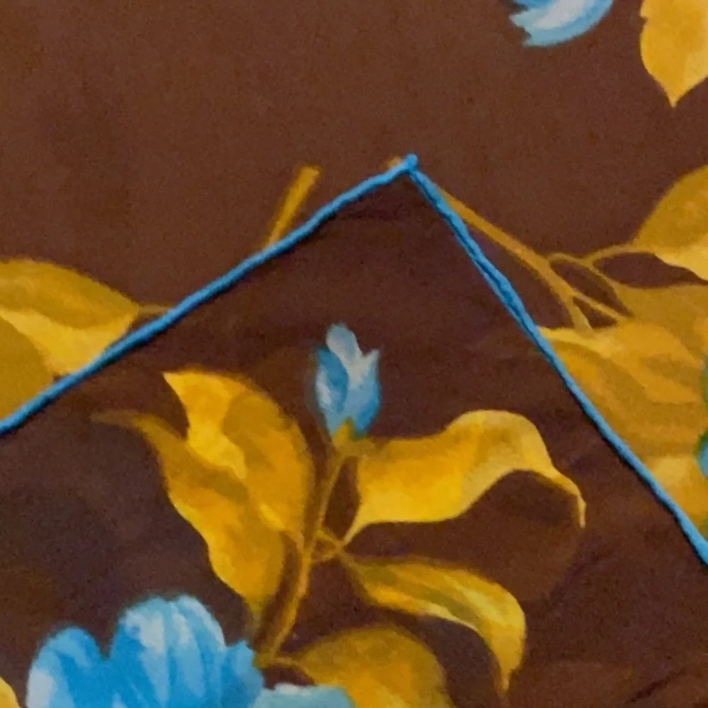 Vibrant Brown Chiffon Scarf Blue and Yellow Floral Hand-Rolled Edges